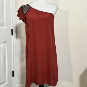 Mi Ami One Shoulder Cocktail Dress Rust Red Beaded Applique Size medium